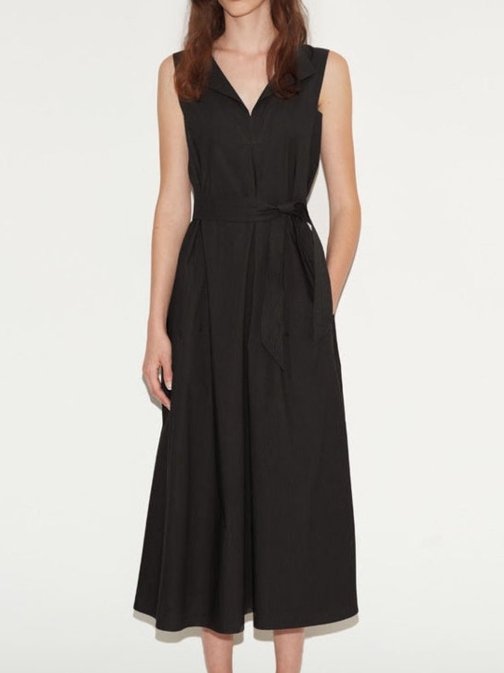 Lemaire Black Sleeveless Flare Midi Dress Tie Waist 100% Cotton Luxury US Size 4